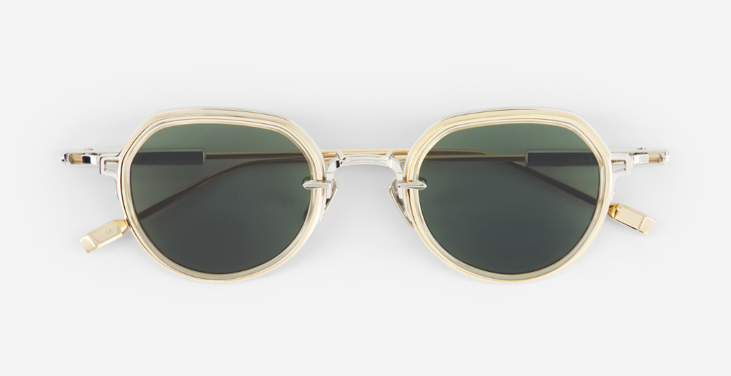 sato belell II P/LG-1 pantoförmige sonnenbrille in silber und gold mit grau grünen gläsern