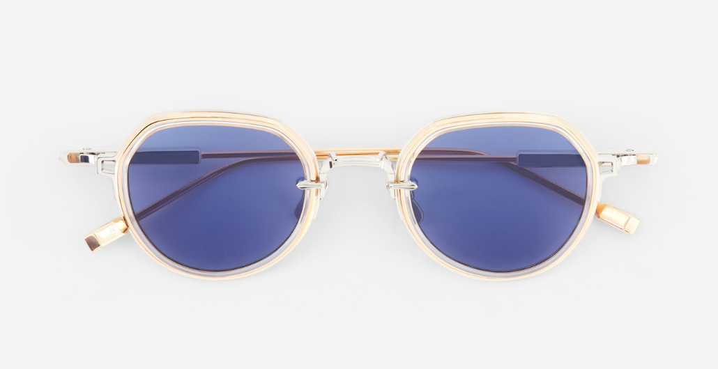 sato Belell II P/RG-1 panfoförmige sonnenbrille aus titan in silbe rund gold mit blauen gläsern
