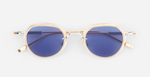 sato Belell II P/RG-1 panfoförmige sonnenbrille aus titan in silbe rund gold mit blauen gläsern