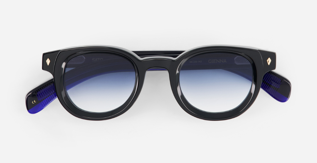sato gienna E-1 pantoförmige acetat sonnenbrille in schwarz mit blauen verlausfgläsern