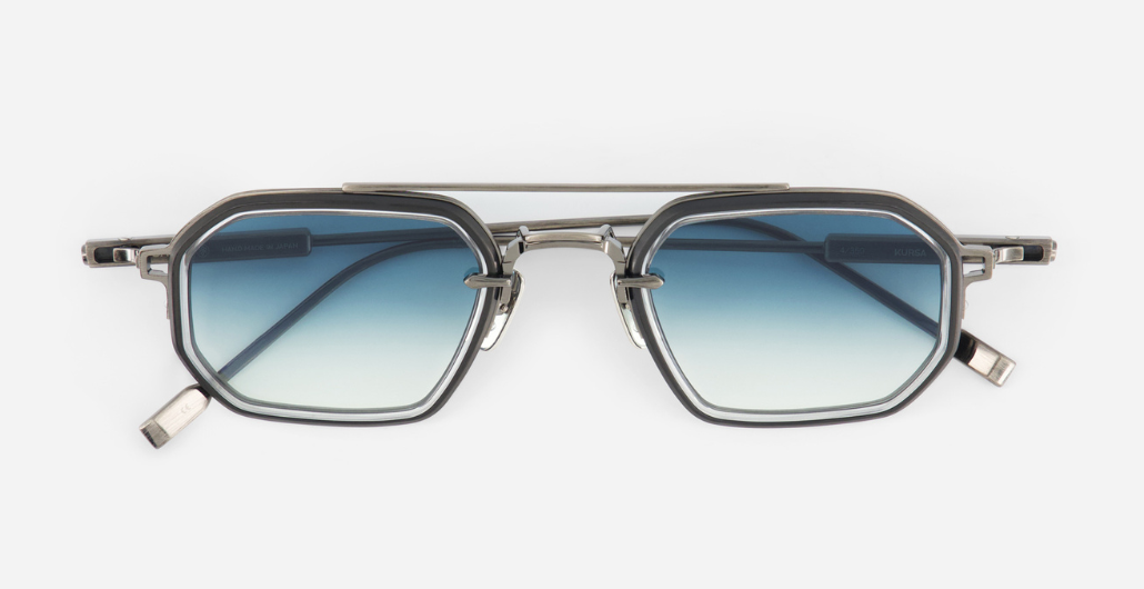 sato kursa as/bb-1 rechteckige sonnenbrille mit doppelsteg in silber und schwarz mit blauen verlaufsgläsern