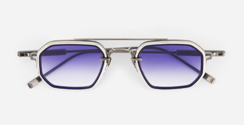 sato kursa as/p-1 rechteckige sonnenbrille mit doppelsteg aus titan in silber mit blauen verlaufsgläsern