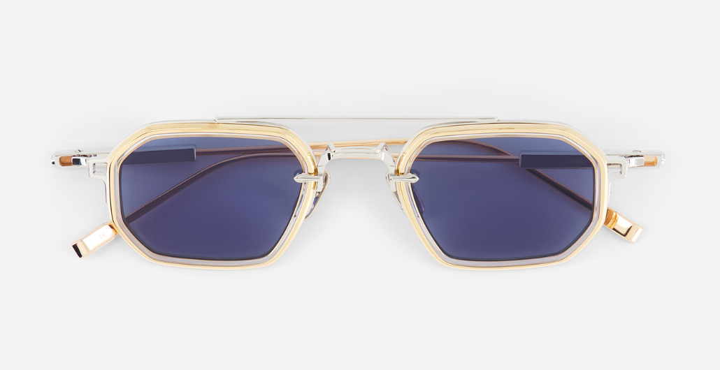 sato kursa p/rg-1 rechteckige sonnenbrille mit doppelsteg aus titan in silber und rosegold mit blauen gläsern