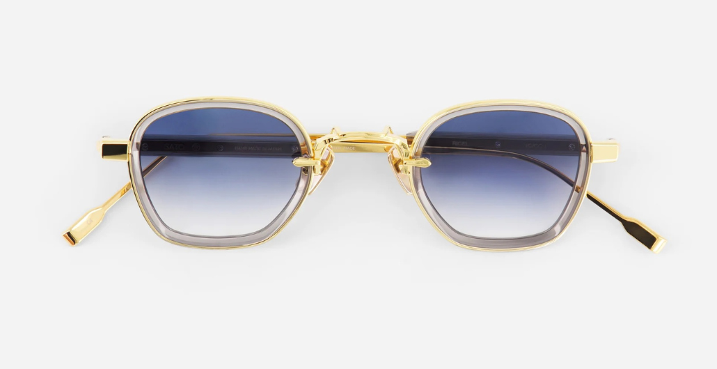 sato rigel yg/gc-1 eckige sonnenbrille in gold und grau mit blauen verlaufsgläsern