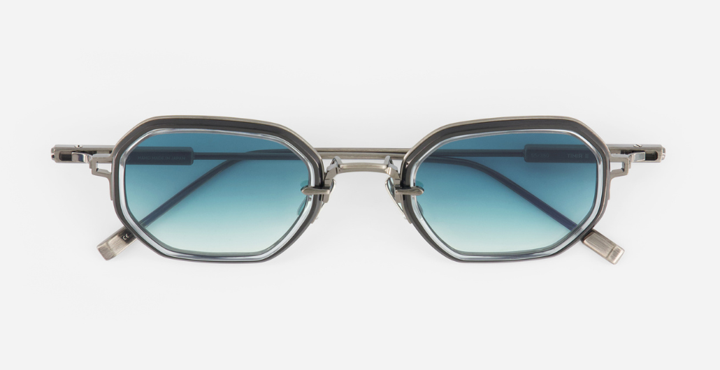 sato timir II as/bb-1 rechteckige sonnenbrille aus titan in silber und schwarz mit blauen verlaufsgläsern