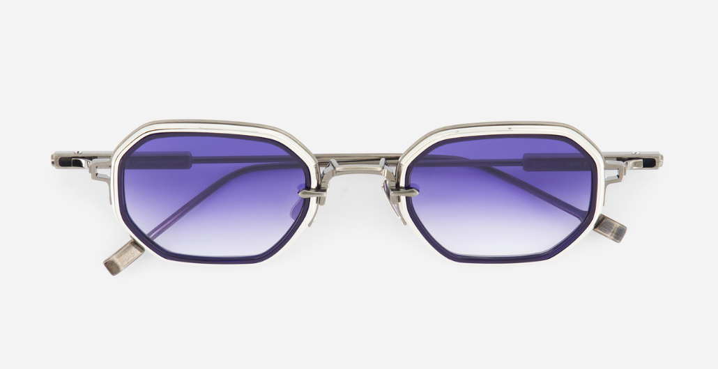 sato Timir II | AS/P-1 rechteckige sonnenbrille aus titan in silber mit blauen verlaufsgläser