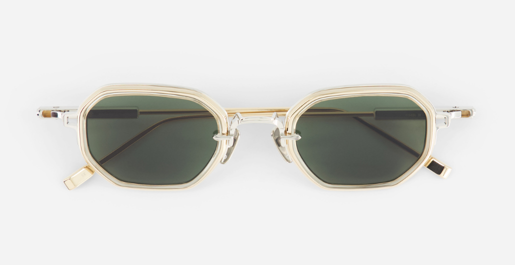 sato timir II p/lg-1 rechteckige sonnenbrille aus titan in silber und gold mit grau grünen gläsern