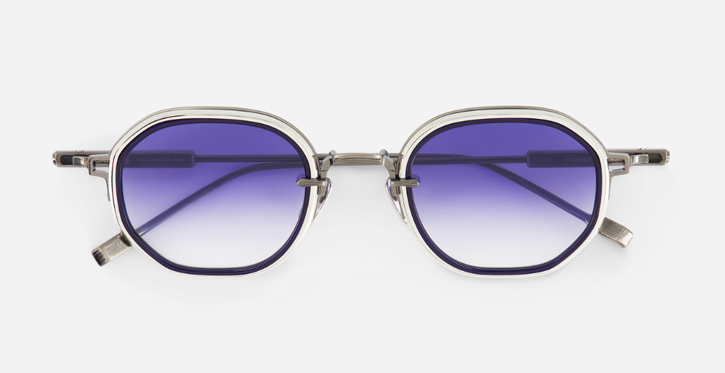 sato toliman II as/p-1 eckige sonnenbrille aus titan in silber mit blauen verlaufsgäsern