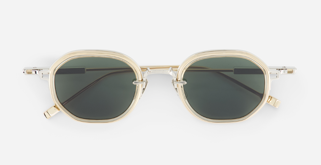 sato toliman II p/lg-1 eckige sonnenbrille aus titan in silber und gold und grau grünen gläsern