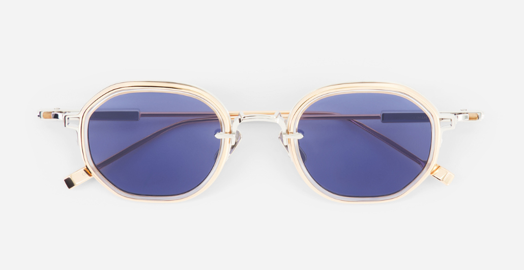 sato Toliman II | P/RG-1 eckige sonnenbrille aus titan in silber und gold mit blauen gläsern
