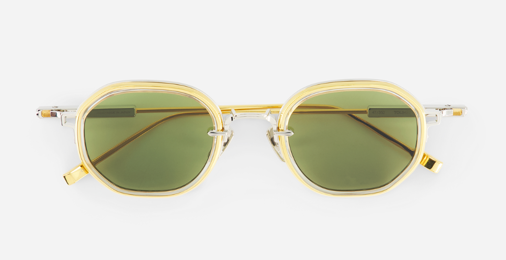 sato Toliman II P/YG-1 eckige sonnenbrille aus titan in silber und gold mit grünen gläsern