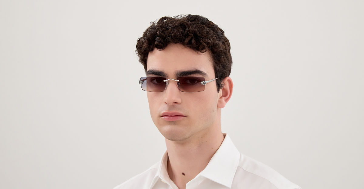 front cartier 0598s 002 eckige randlose sonnenbrille in silber mit grauen gläsern