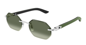 cartier 0439 008 eckige randlose sonnenbrille in silber und grün mit grünen gläsern