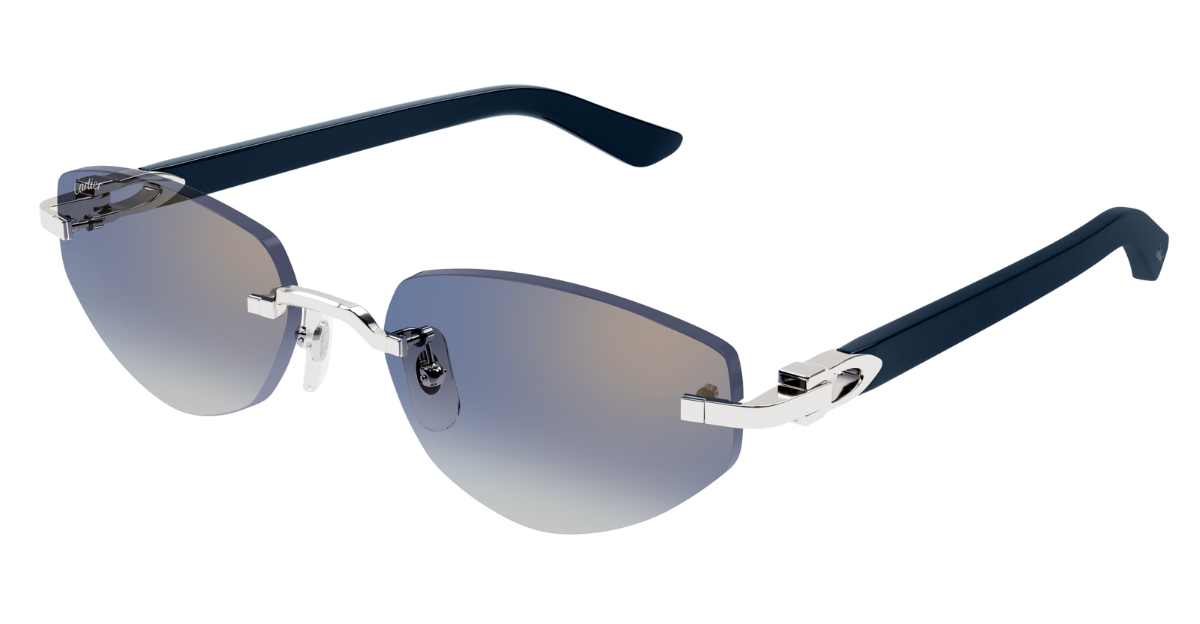 cartier 0580s 004 randlose sonnenbrille in silber und blau mit blauen gläsern
