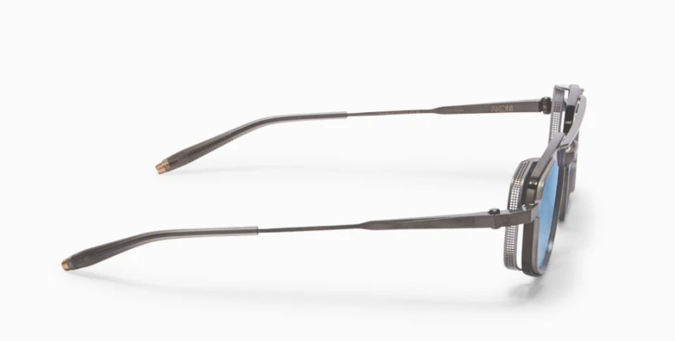 akoni atlantis brushed black rhodium eckie aviator sonnenbrille aus titan in silber mit blauen verlaufsgläsern