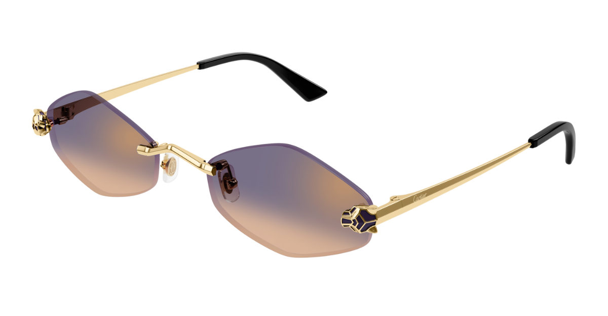 Cartier 0433S 005 sechseckige randlose Sonnenbrille in gold mit violetten Gläsern