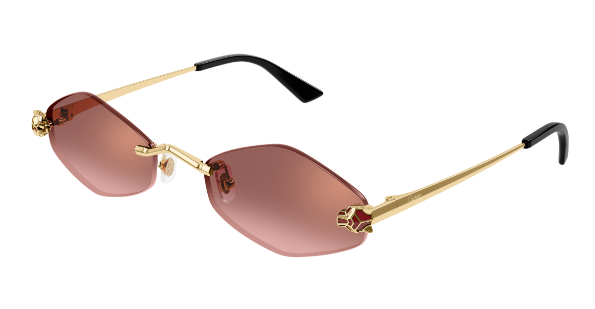 cartier 0433s 006 sechseckige randlose sonnenbrille in gold mit roten verspiegelten gläsern
