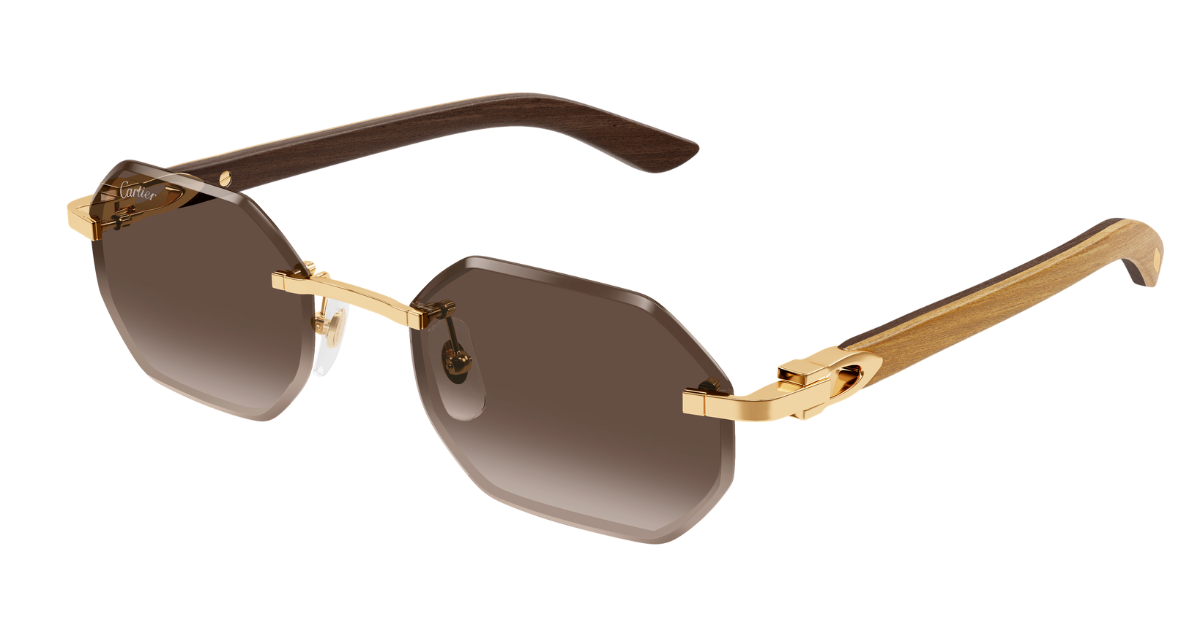 Cartier 0439s 006 eckige randlose sonnenbrille in gold und gelb mit braunen gläsern