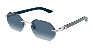 cartier 0439s 007 eckige randlose sonnenbrille in silber mit blauen gläsern