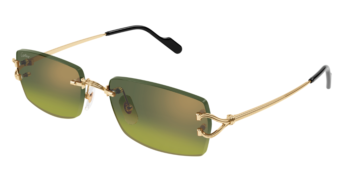 cartier 0550s 006 eckige, randlose sonnenbrille in gold mit grünen gläsern