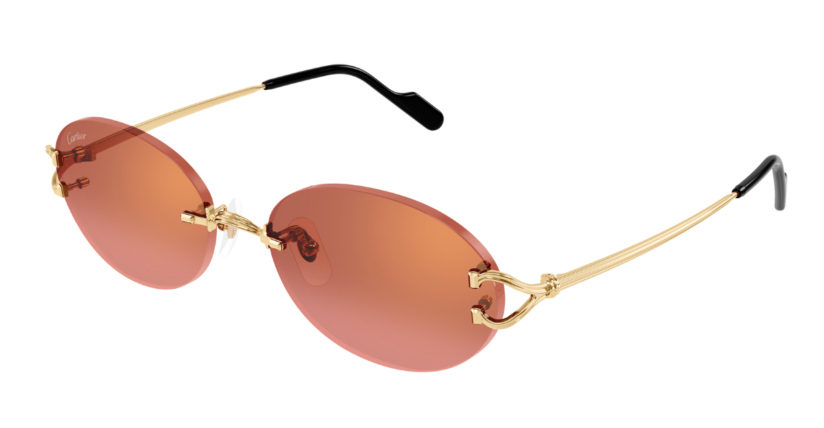 cartier 0551S 005 ovale randlose sonnenbrille in gold mit roten gläsern