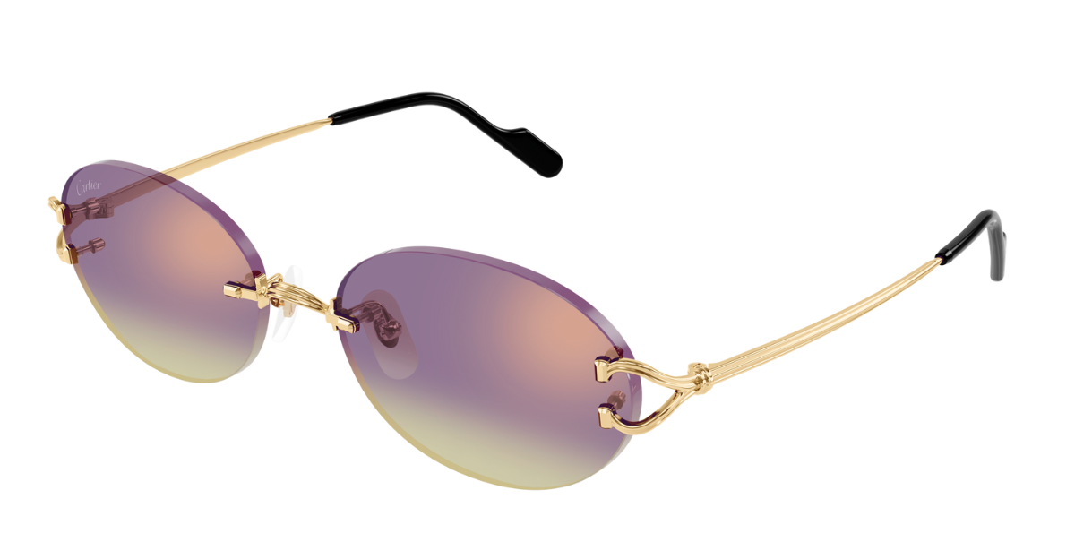 cartier 0551S 006 ovale sonnenbrille in gold und violetten gläsern