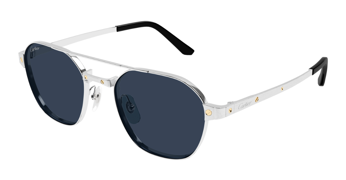 cartier 0571s 002 eckige sonnenbrille in silber mit blauen gläsern
