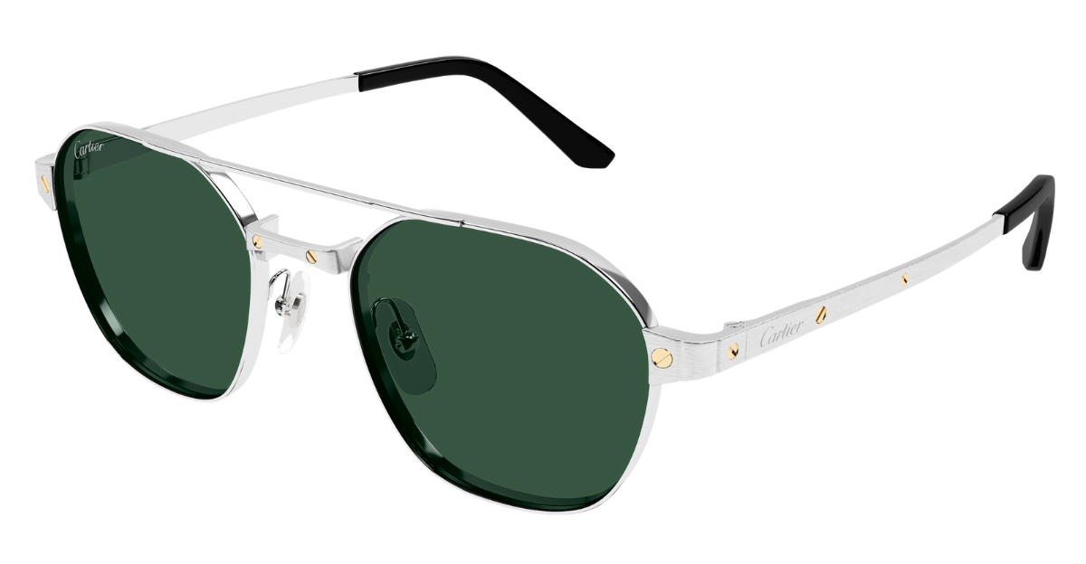 cartier 0571s 003 eckige sonnebrille in silber mit grünen gläsern