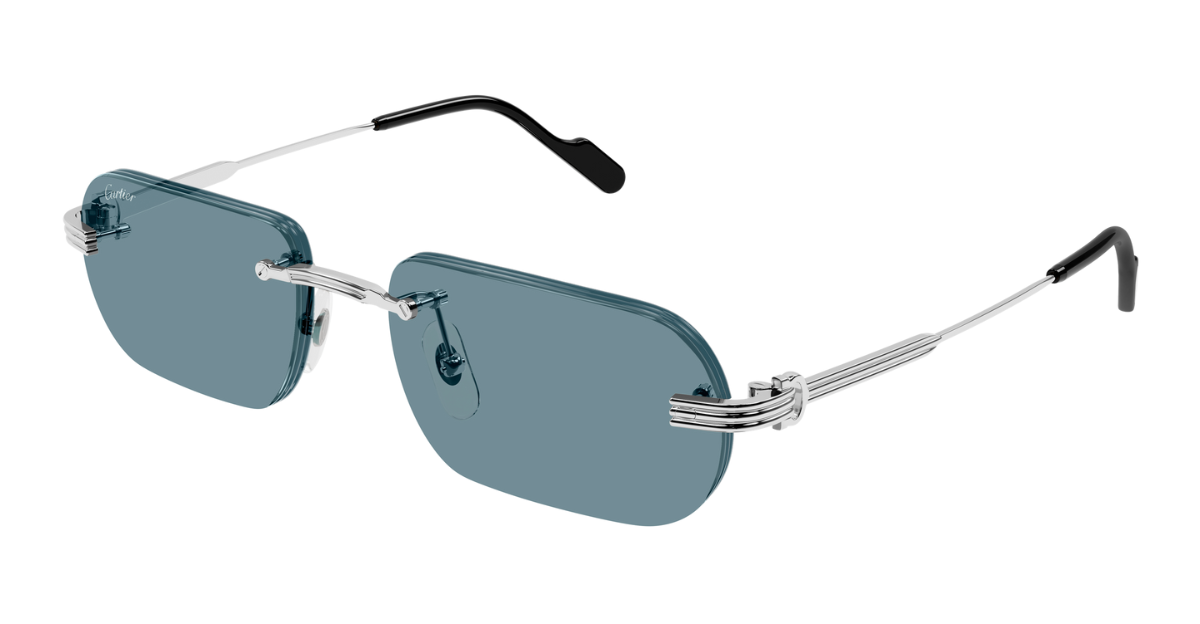 cartier 0577s 006 eckige, rahmenlose sonnenbrille in silber mit blauen gläsern