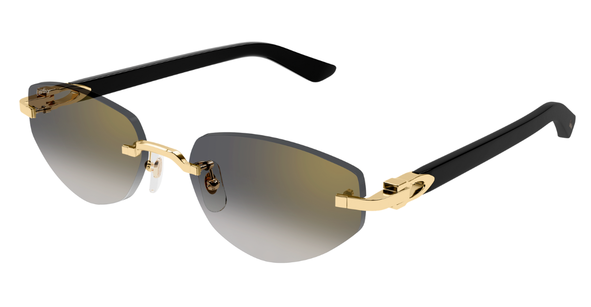 cartier 0580s 001 randlose sonnenbrille in gold und schwarz mit grauen gläsern