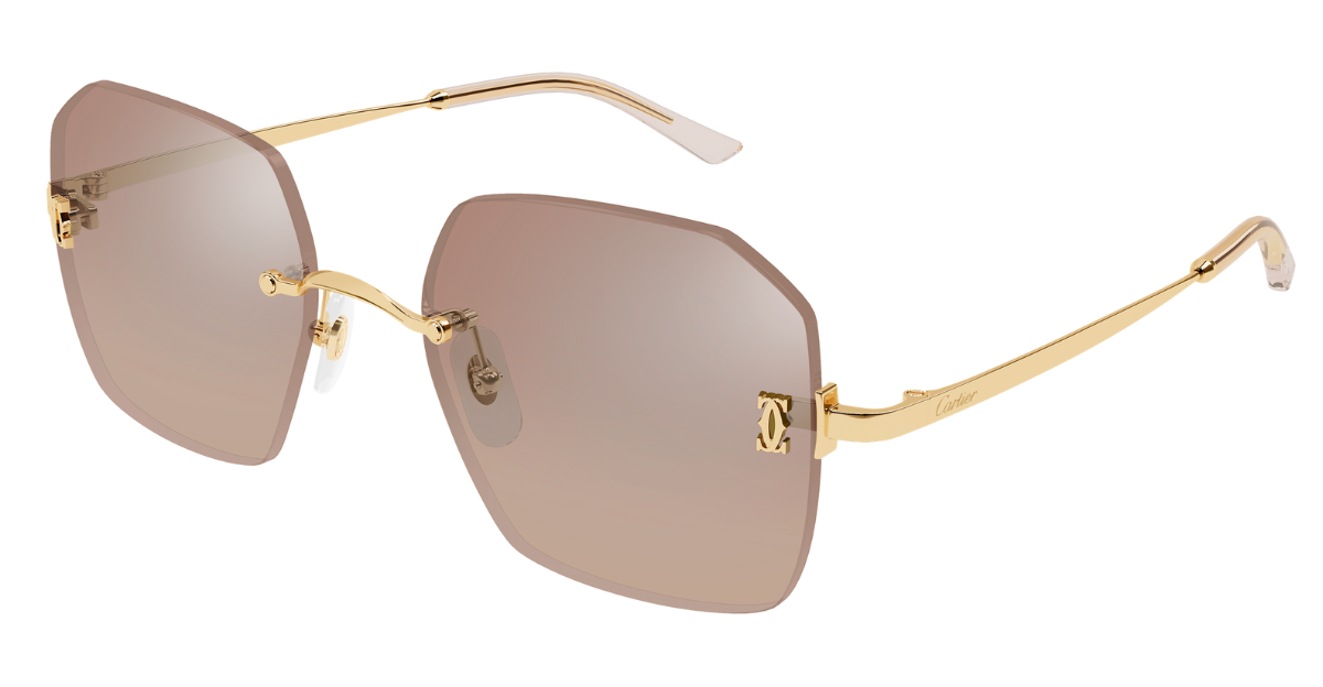 cartier 0591s 003 eckige, randlose sonnenbrille in gold mit braunen verspiegelten gläsern
