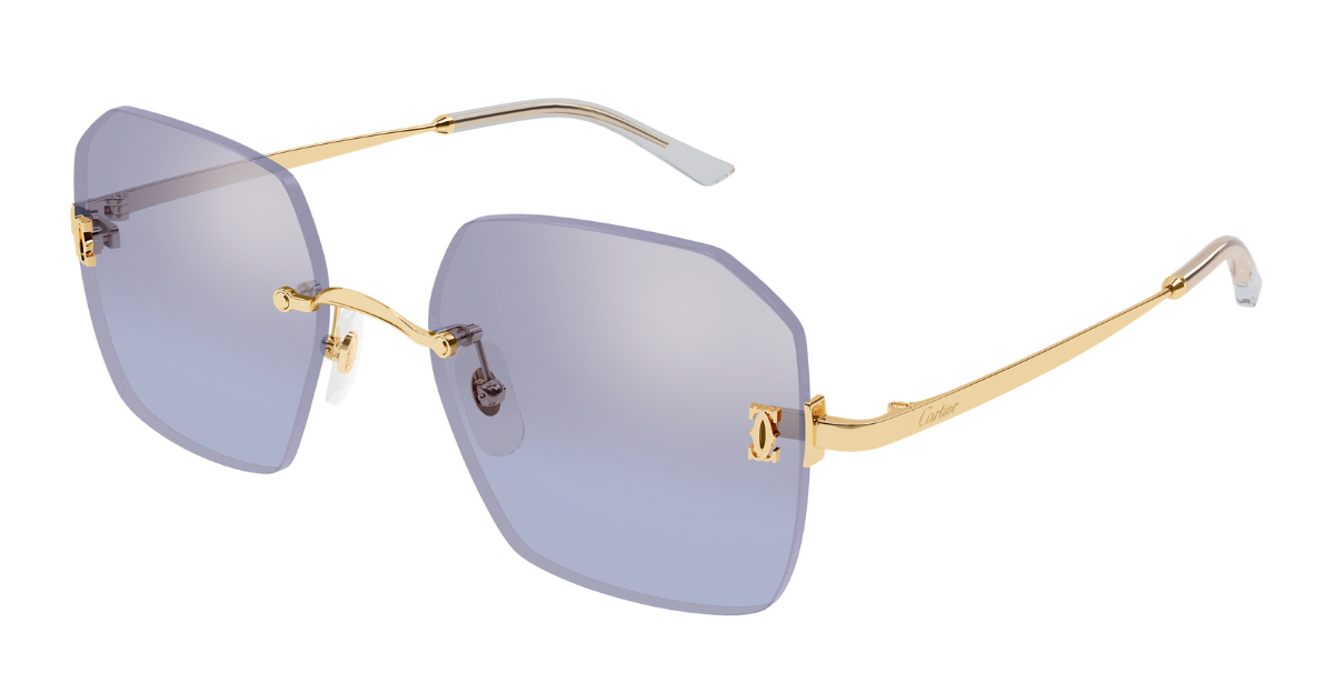 cartier 0591s 004 eckige randlose sonnenbrille in gold mit violetten gläsern