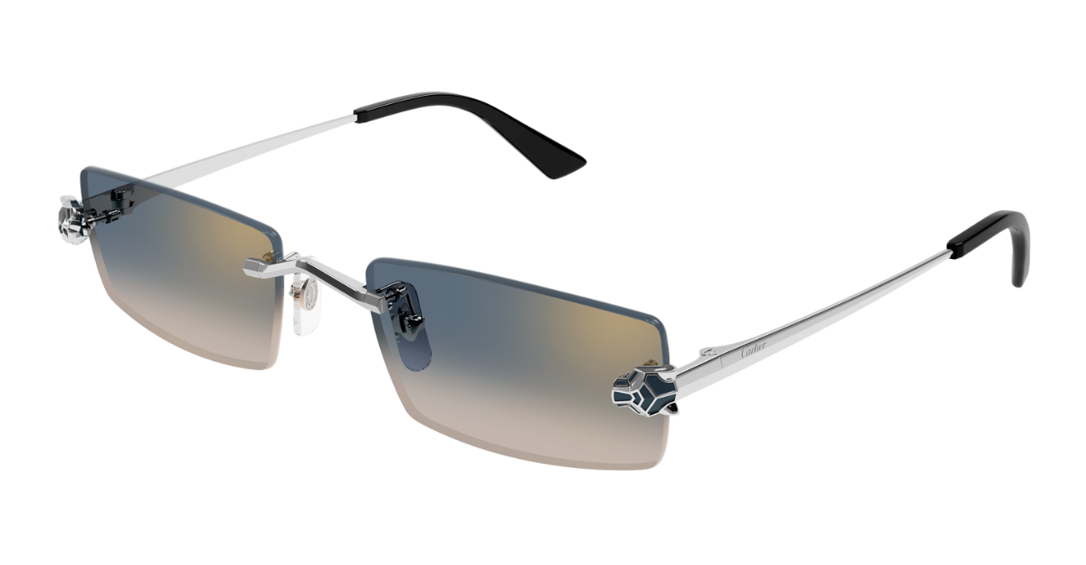 front cartier 0598s 002 eckige randlose sonnenbrille in silber mit grauen gläsern