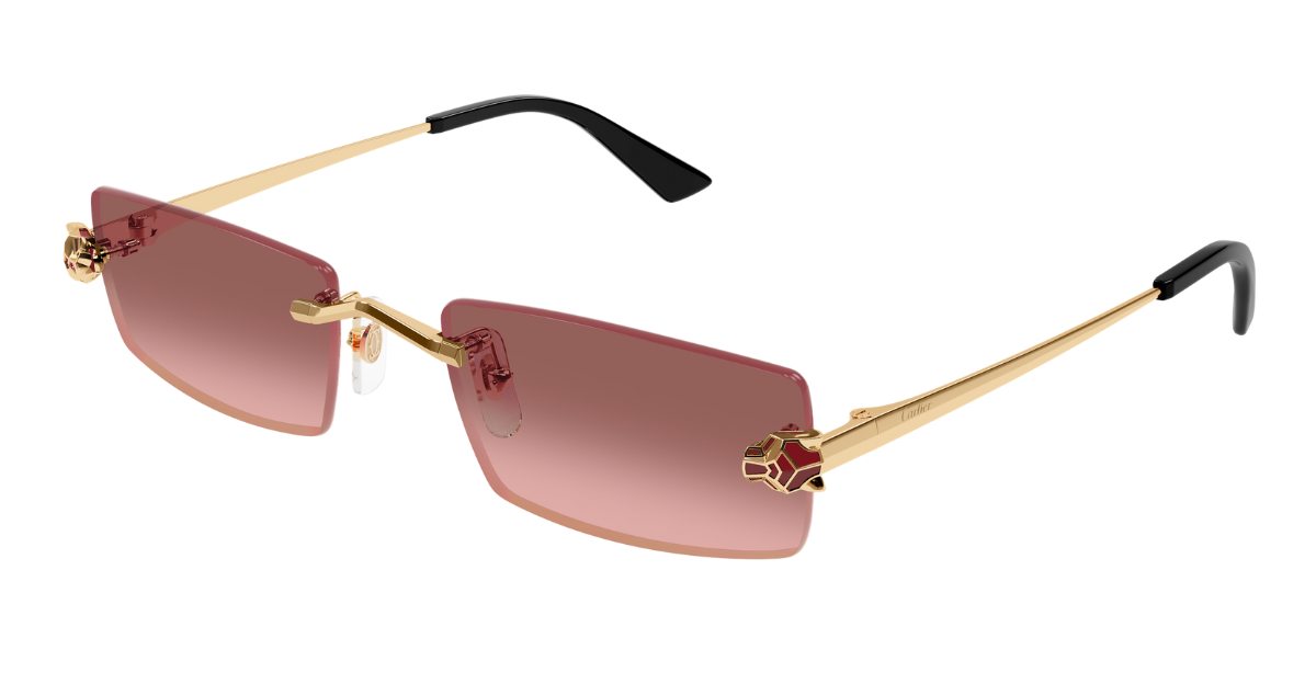 cartier 0598s 004 eckige rahmenlose sonnenbrille in gold mit roten gläsern