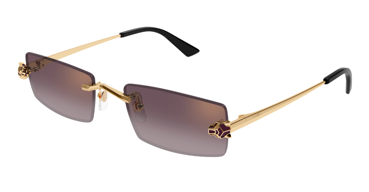 cartier 0598s 005 eckige rahmenlose sonnenbrille in gold mit violetten gläsern