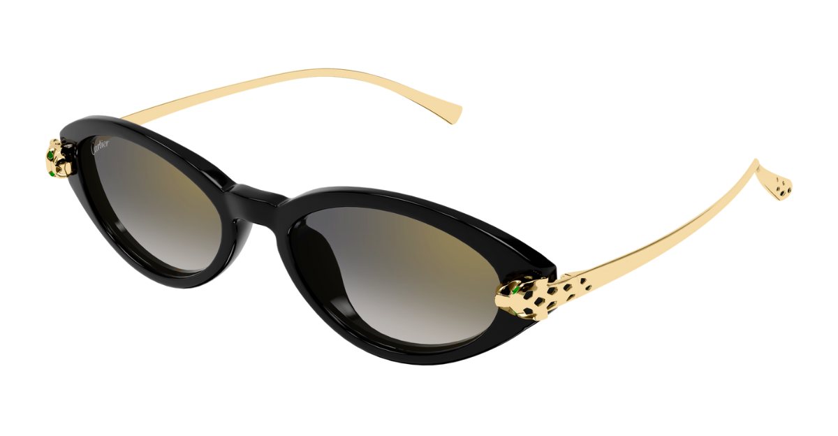 cartier ct0634s 001 ovale sonnenbrille in schwarz und gold mit grauen gläsern