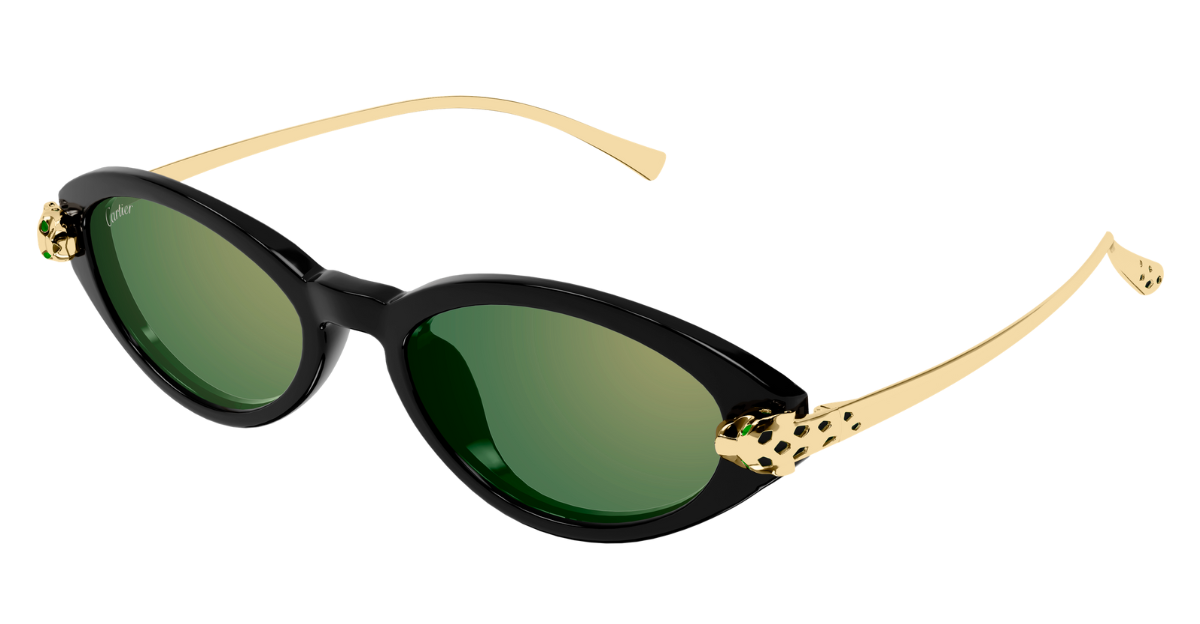 cartier ct0634s 004 ovale sonnenbrille in schwarz mit gold und grünen gläsern