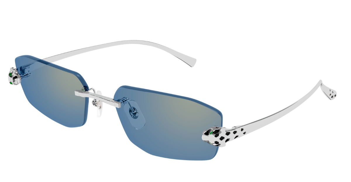 cartier ct0474s 005 eckige randlose sonnenbrille in silber mit hellblauen gläsern