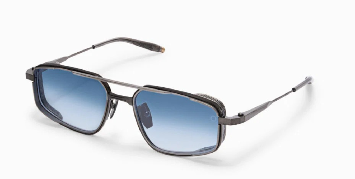 akoni atlantis brushed black rhodium eckie aviator sonnenbrille aus titan in silber mit blauen verlaufsgläsern