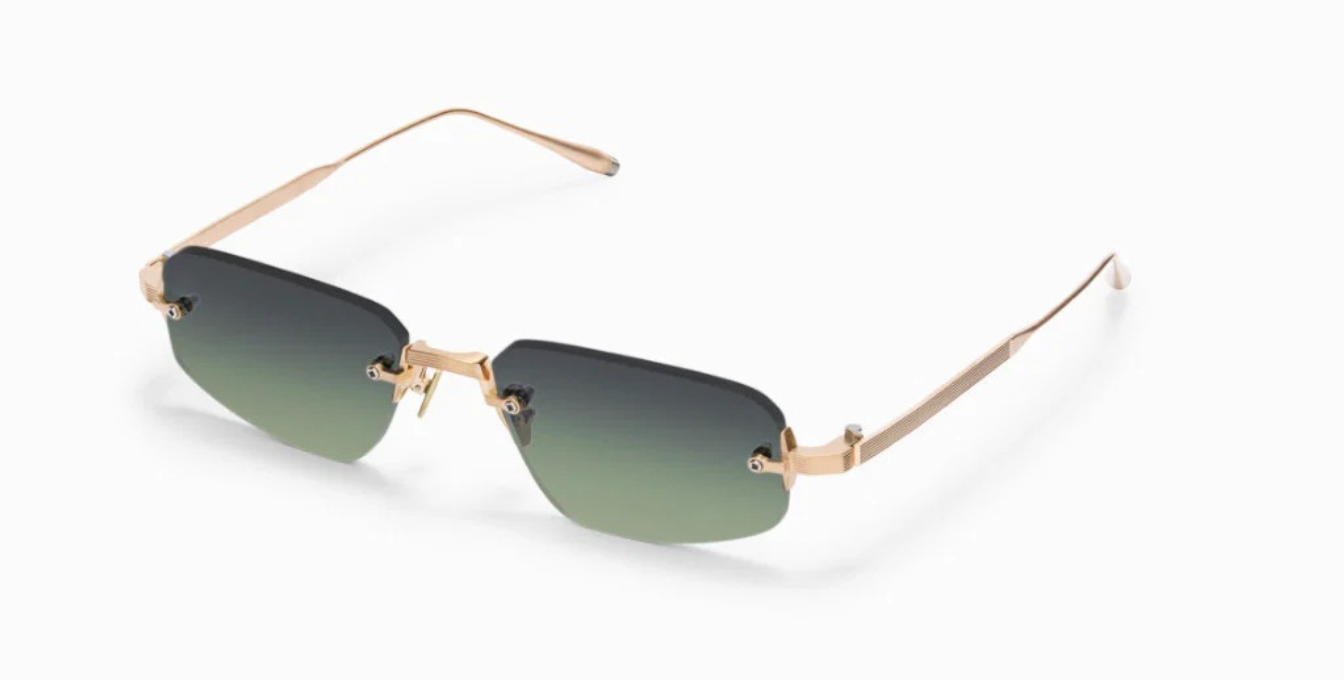 akoni juno three brushed 12k gold eckige randlose sonnenbrille in gold mit grau grünen verlaufsgläsern