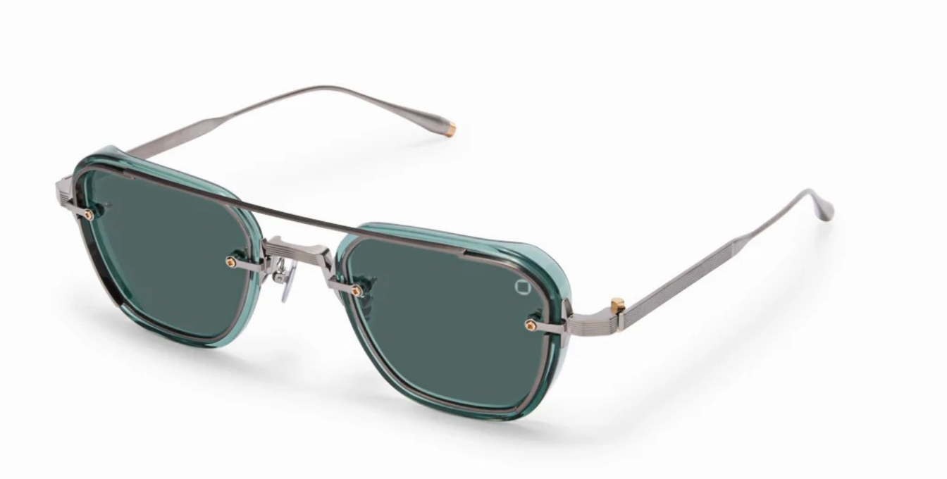 akoni jura deep emerald green eckige sonnenbrille in silber und grün mit grünen gkäsern