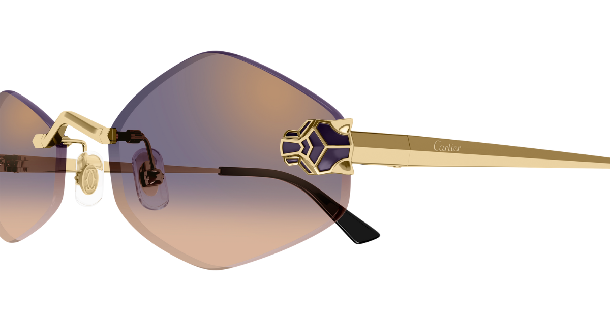 Cartier 0433S 005 sechseckige randlose Sonnenbrille in gold mit violetten Gläsern