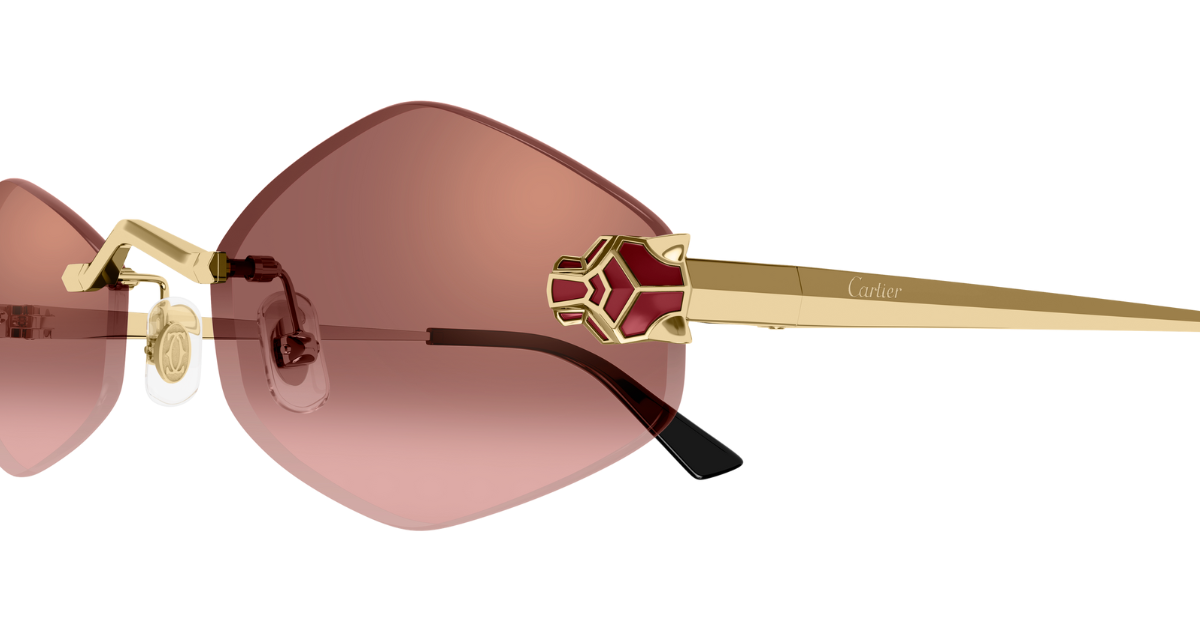 cartier 0433s 006 sechseckige randlose sonnenbrille in gold mit roten verspiegelten gläsern