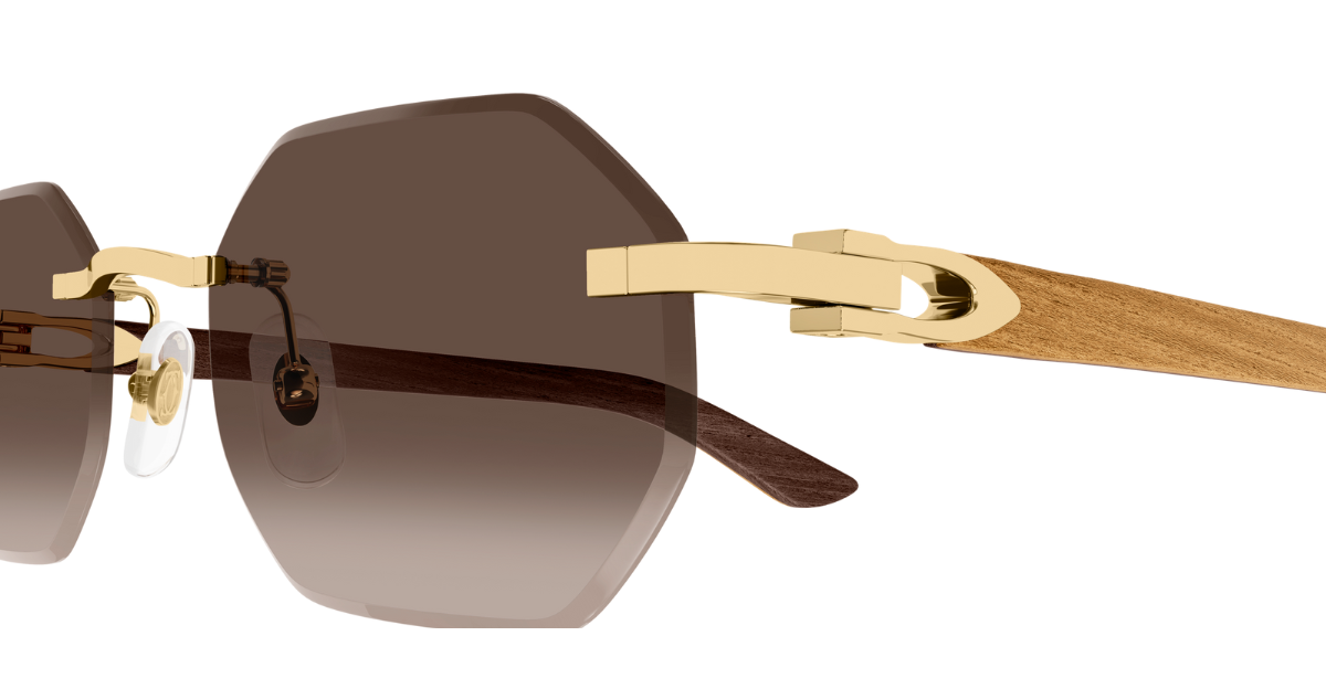 Cartier 0439s 006 eckige randlose sonnenbrille in gold und gelb mit braunen gläsern