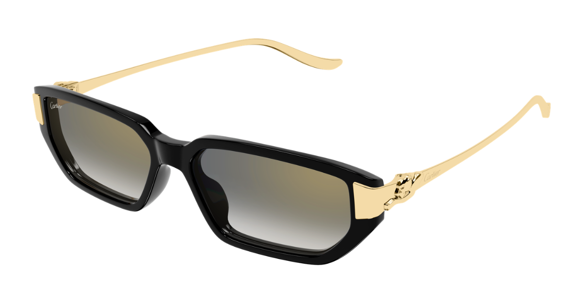 cartier CT0674S 001 eckige sonnenbrille aus acetat und metal in schwarz und gold mit grauen gläsern