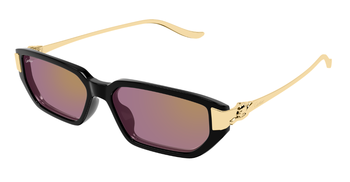 cartier CT0674S 004 eckige sonnenbrille aus acetat und metal in schwarz und gold mit violetten gläsern