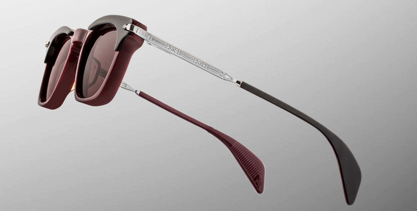 jacques marie mage kennedy bordeaux empire eckige sonnenbrille in rot und schwarz mit braunen gläsern