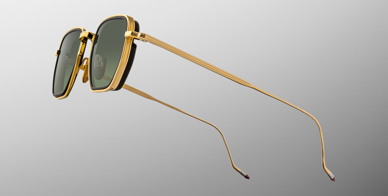 jacques marie mage atkins musket eckige sonnenbrille in gold und grün und grünen gläsern
