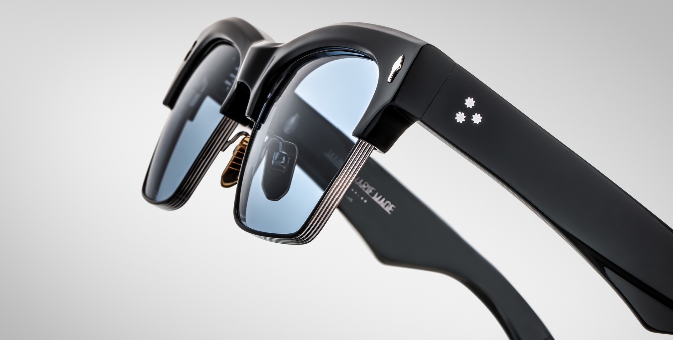 jacques marie mage bugsy black cateye sonnenbrille in schwarz und silber mit blauen gläsern