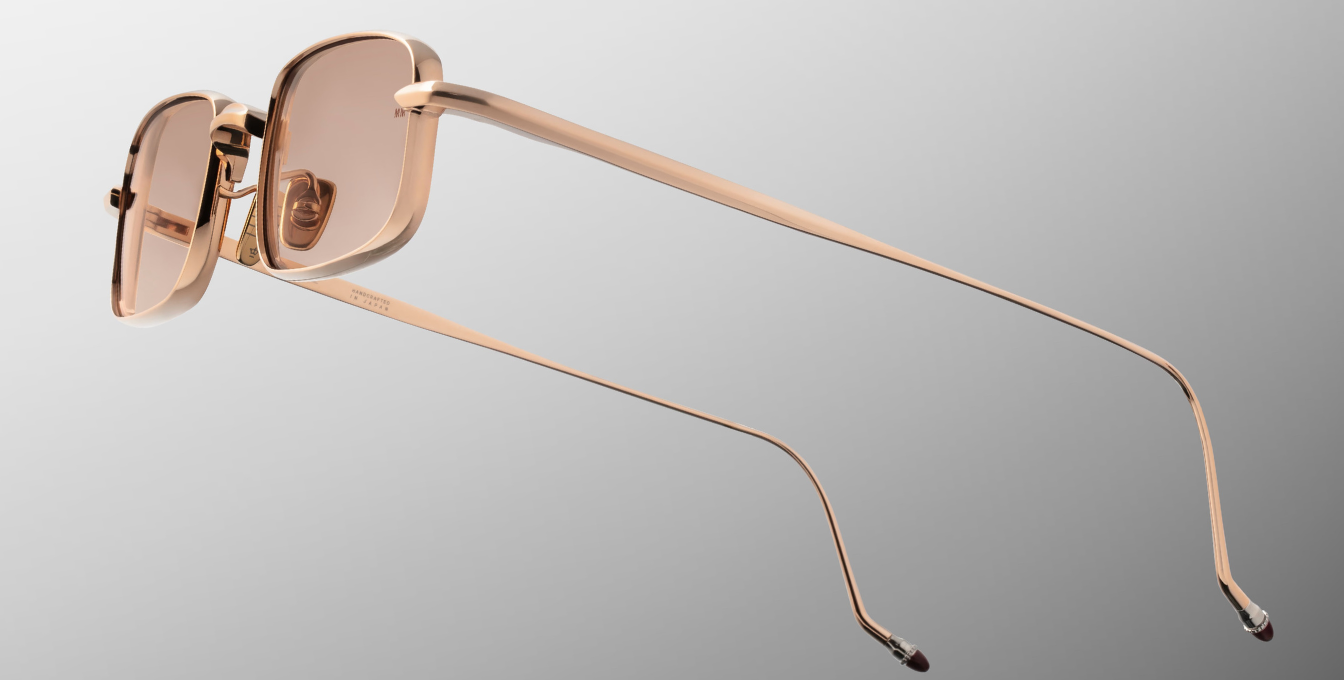 jacques marie mage dusk sweetheart eckige sonnenbrille aus titan in rosegold mit orangenen gläsern